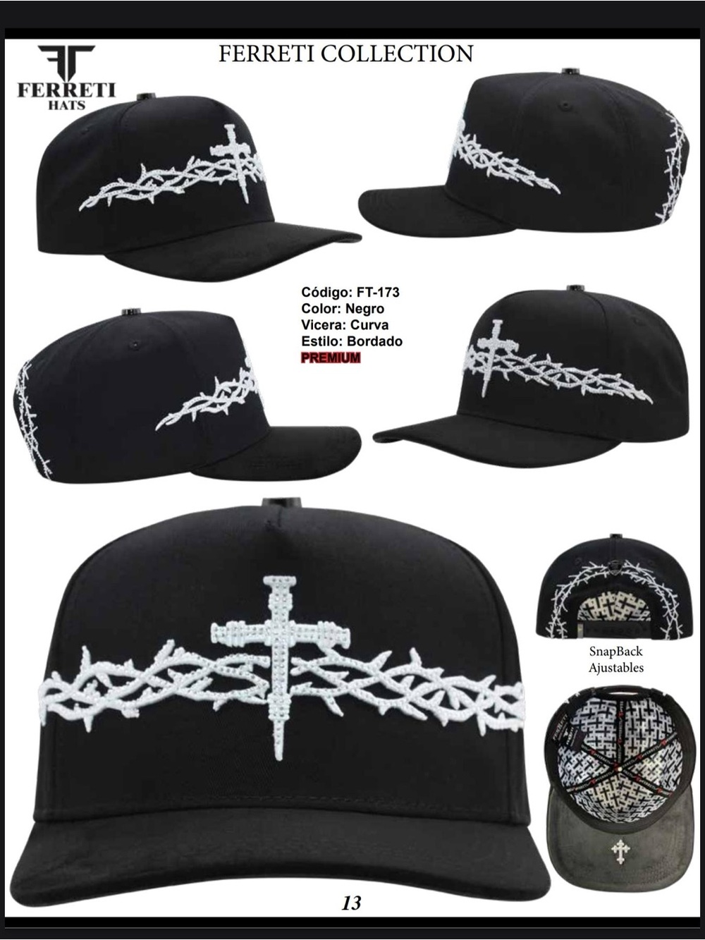 Black Snapback Hat with White Cross & Barbed Wire Embroidery